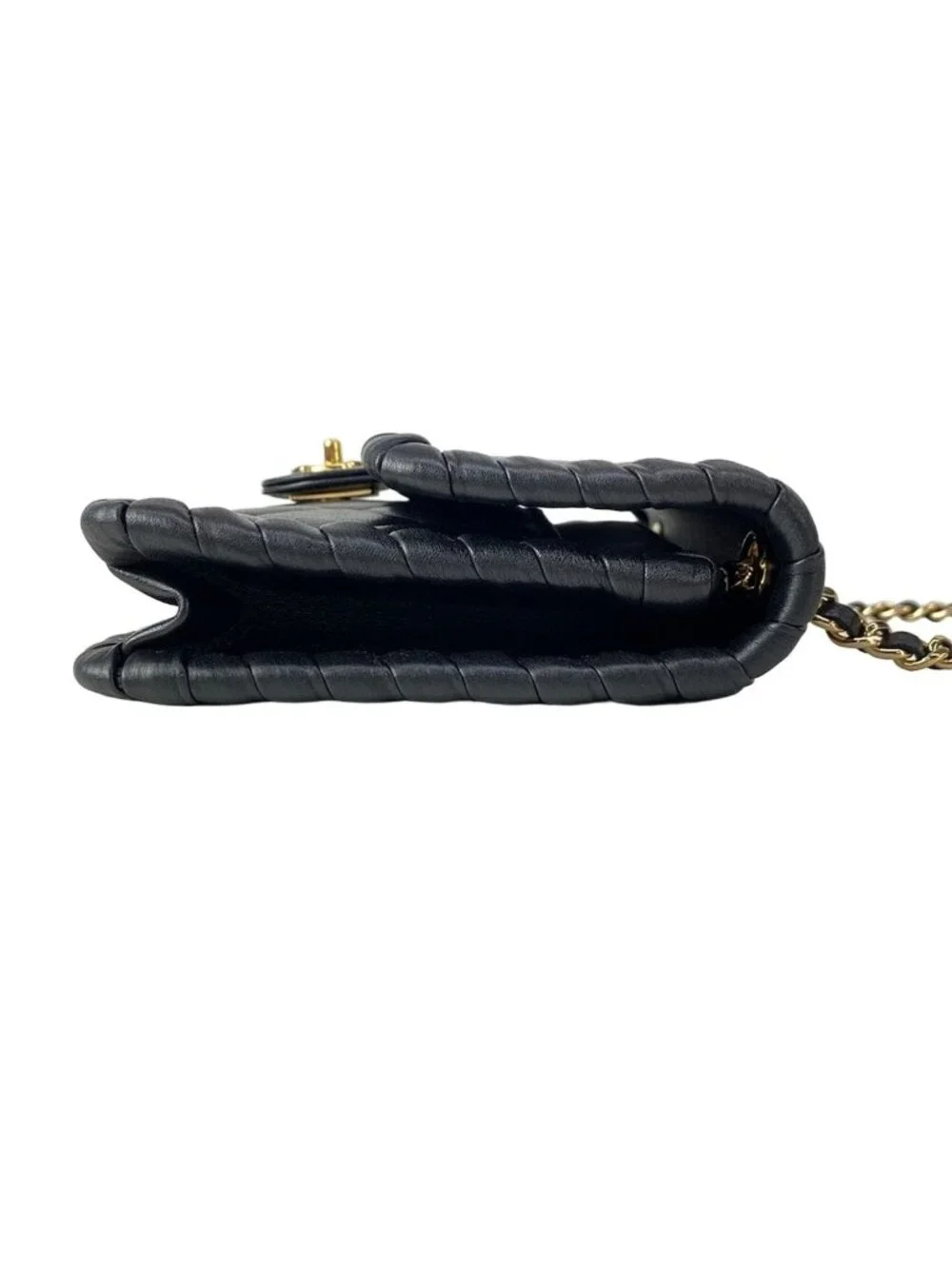 Chanel Wallet Quilted Black Chain Gold Coin Charm Braided Metal Lambskin